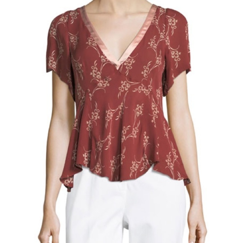 CINQ A SEPT Whitley Floral-Printed Top w/ Satin Trim size large rust 100% silk